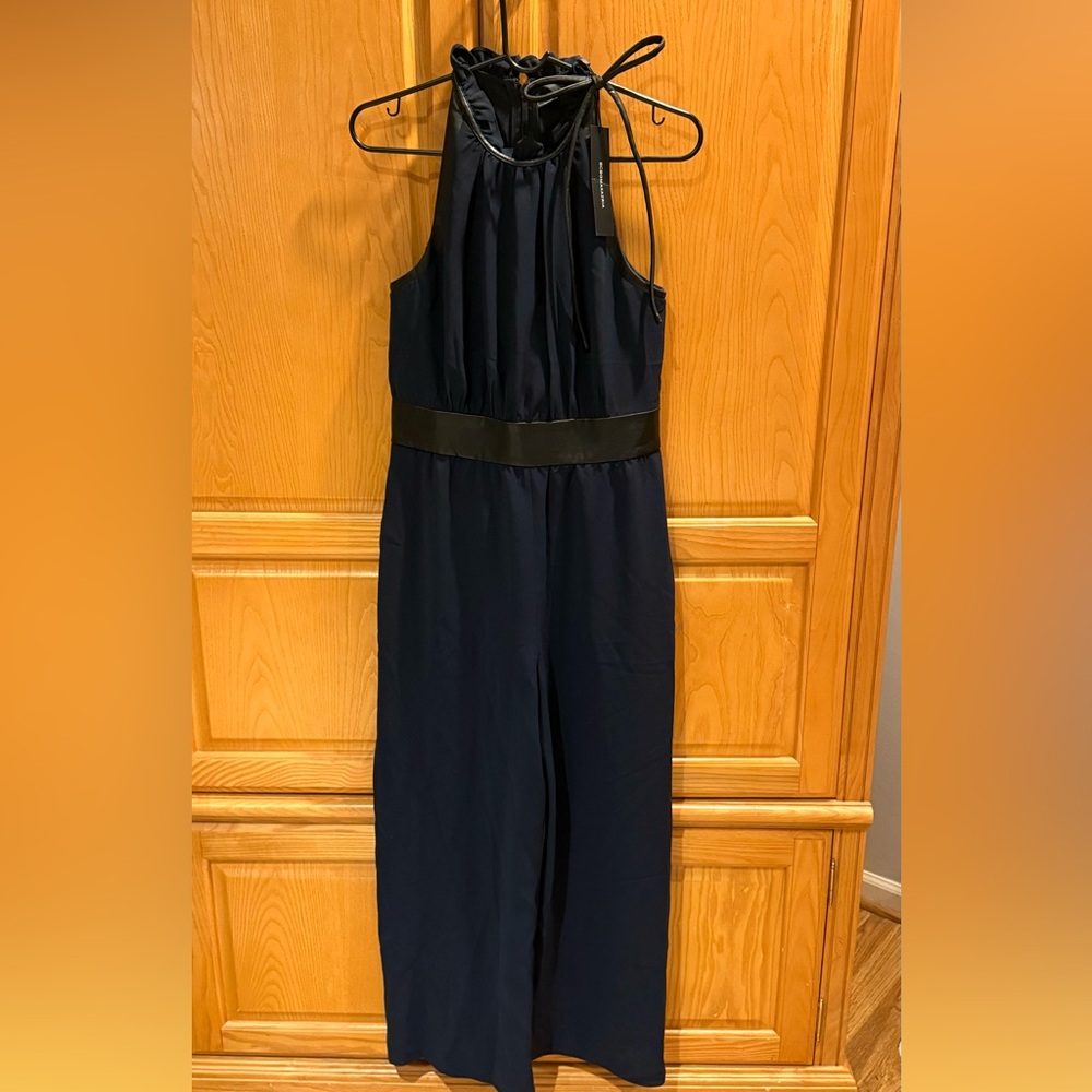 BCBGMAXAZRIA Navy Blue Sleeveless Jumpsuit Faux Leather Trim Size 6